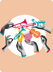 Plusieurs mains tenant des instruments de musique